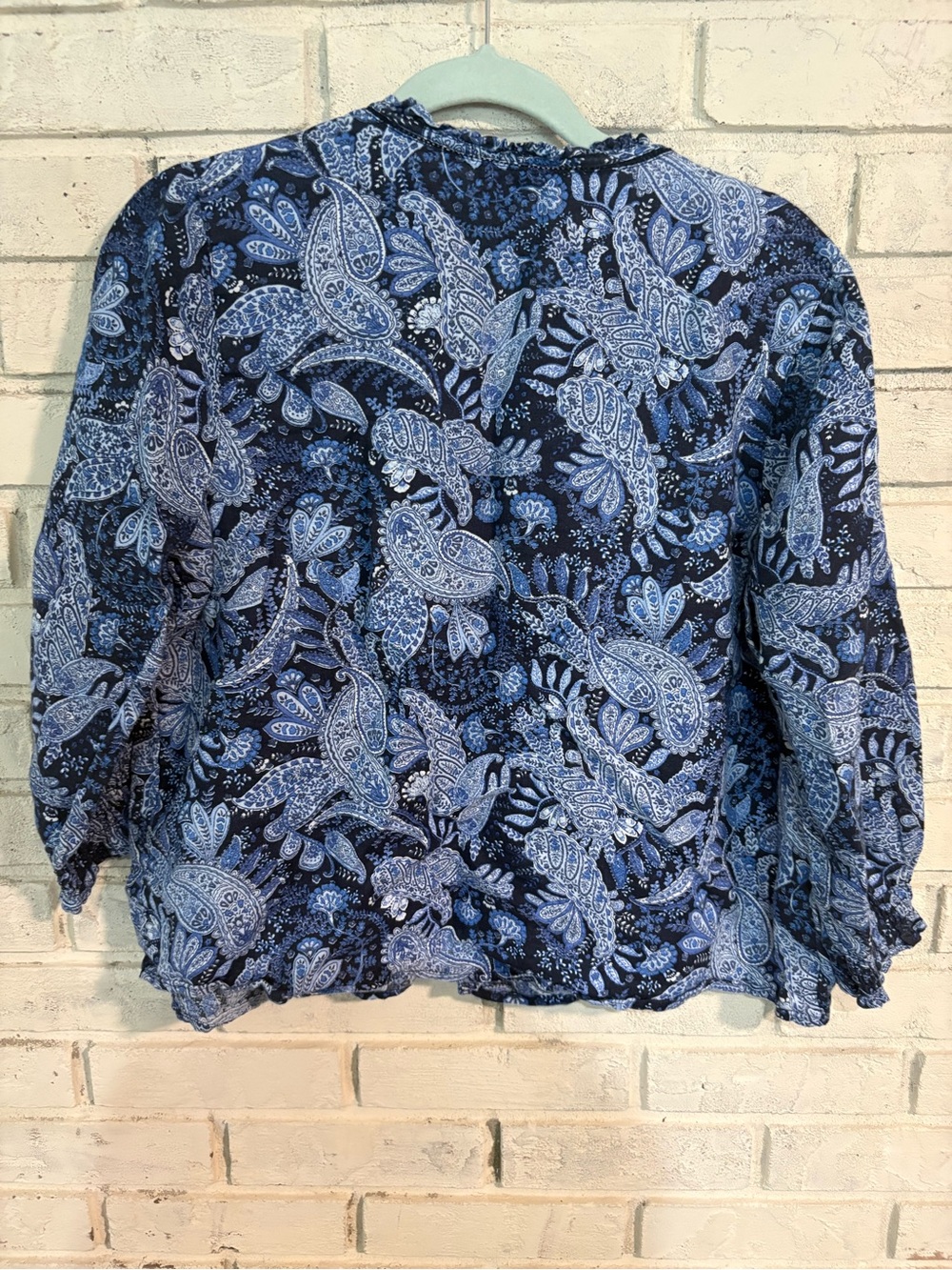 J. JILL M Petite Linen Navy and Light Blue Paisley Button-Front Blouse EUC - Picture 6 of 6